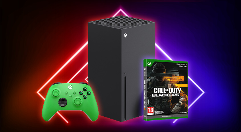 Ein schwarze Xbox-Konsole steht neben einem grünen Controller und einem Call of Duty-Spiel vor einem roten und blauen Hintergrund.