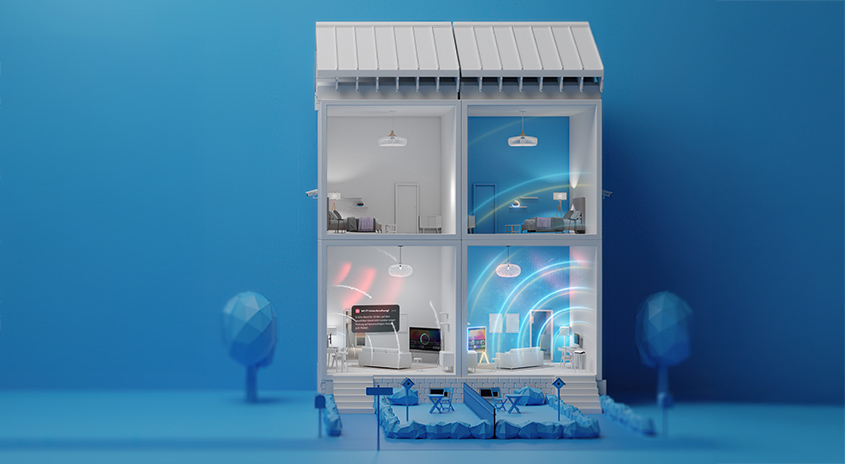 Ein zweistöckiges Hausmodell zeigt Möbel und Geräte vor einem blauen Hintergrund. Drahtlose Wellen sind sichtbar.