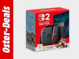 Bild mit grauem Hintergrund. Links davon steht "Oster-Deals" in weißer Schrift vor rotem Hintergrund. Rechts davon die Originalverpackung einer Nintendo Switch 2 Konsole.