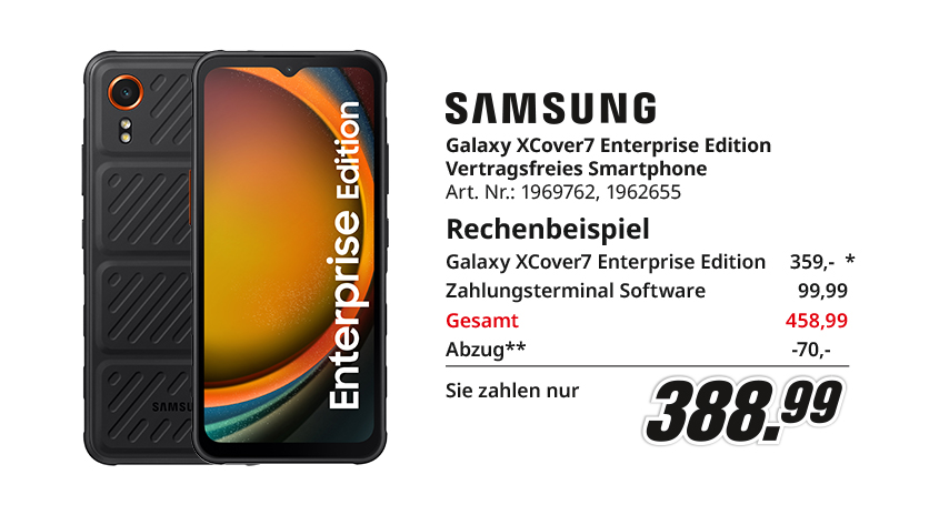 Ein schwarzes Samsung Galaxy XCover7 Enterprise Edition Smartphone wird neben Preisinformationen angezeigt.