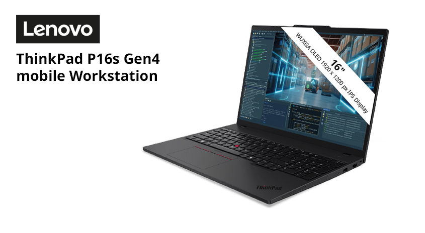 Geöffneter schwarzer Laptop: Lenovo ThinkPad P16s Gen4 mobile Workstation. Ein Banner über dem Bildschirm zeigt die Spezifikationen: '16 Zoll WUXGA OLED 1920 x 1200 px IPS Display'.