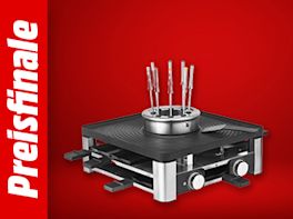 Bild mit rotem Hintergrund. Links steht: Preisfinale, daneben das Produktbild eines Fondue Geräts.