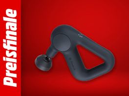 Bild mit rotem Hintergrund. Links steht: Preisfinale, daneben das Produktbild eines Massagegeräts.