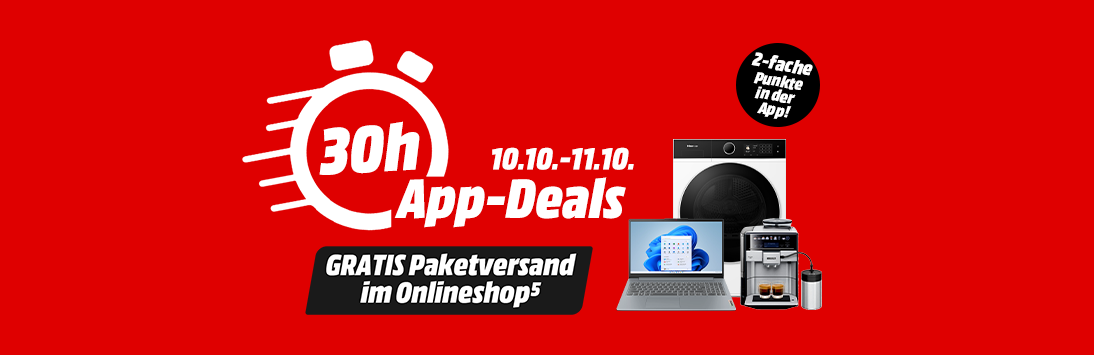 30h App-Deals. Gültig von 10.10. bis 11.10. Gratis Paketversand im Onlineshop. 2-fache Punkte in der App.