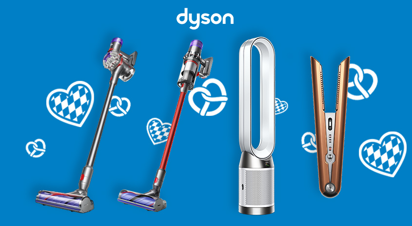 Dyson Oktober-Angebote: Zwei Staubsauger, ein Luftreiniger und ein Haarglätter, -10% auf Haarpflege. Blaue Wiesn-Herzen und Brezeln im Hintergrund.