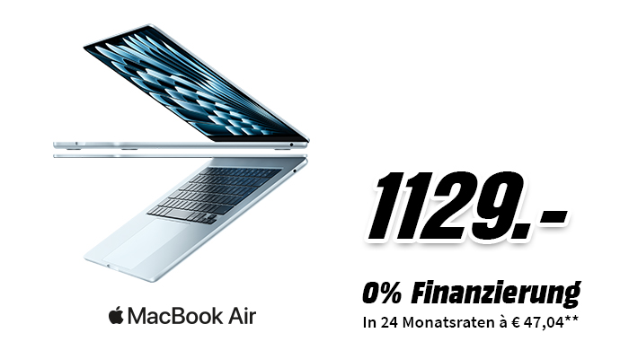 Apple MacBook Air für 1129 ,- €. 0% Finanzierung in 24 Monatsraten à 47,04 €**.