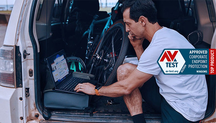 Auf dem Bild befindet sich ein Logo: AV Test. Approved corporate endpoint protection. Top Product. www.av-test.org