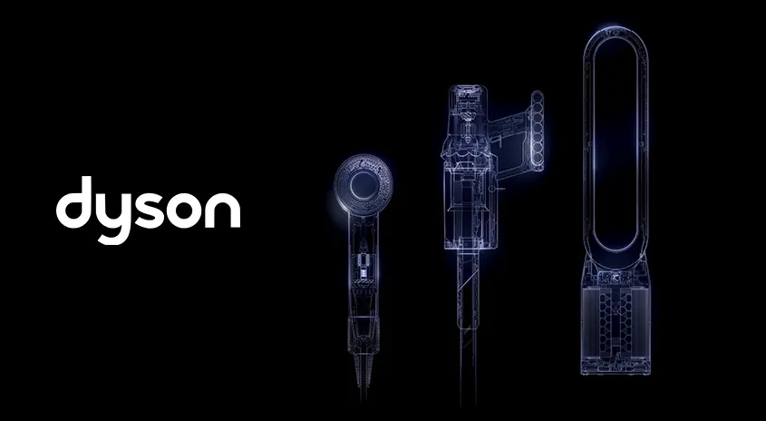 Auf schwarzem Hintergrund sind ein weißes Dyson-Logo, ein Föhn, ein Staubsauger und ein Luftreiniger in blauem Licht zu sehen.