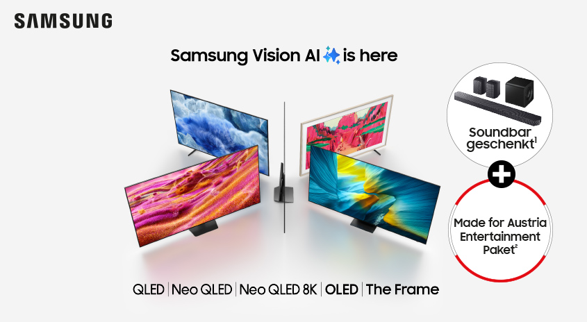 Werbung für Samsung-Fernseher mit Soundbar und Entertainment-Paket auf weißem Hintergrund.