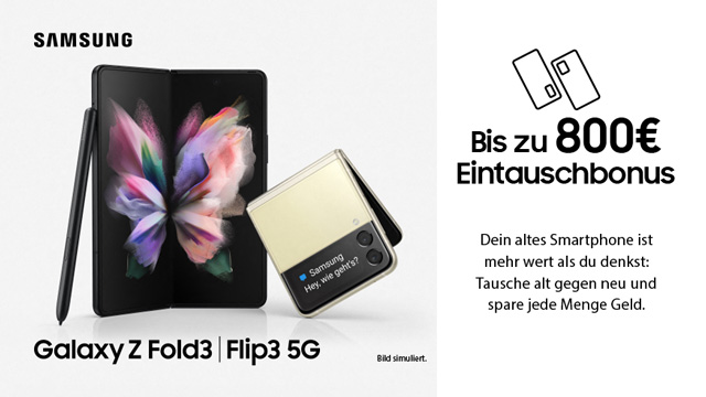 Samsung Galaxy Z Fold3 mit Stift und Flip3 5G. Auf dem Bildschirm ist ein Schmetterling abgebildet. Aktion bis zu 800€ Eintauschbonus.