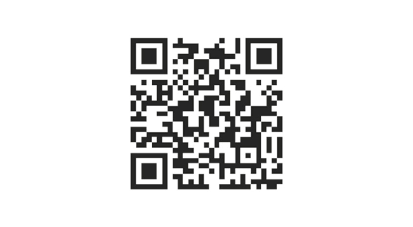 Ein QR-Code in Schwarzweiß. Er besteht aus kleinen Quadraten und drei größeren Quadraten in den Ecken.