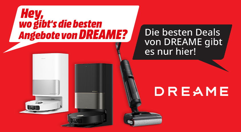 Banner mit Dreame-Saugrobotern und Akkusauger. Text: „Alexa, wo gibt’s die besten Angebote von Dreame?“ und „Die besten Deals nur hier!“