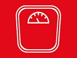 Bild mit rotem Hintergrund, darauf ein Piktogramm in weiß von einer Personenwaage