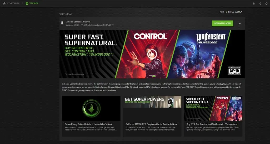 GeForce Game Ready Driver Downloadseite mit Werbung für RTX Grafikkarten
