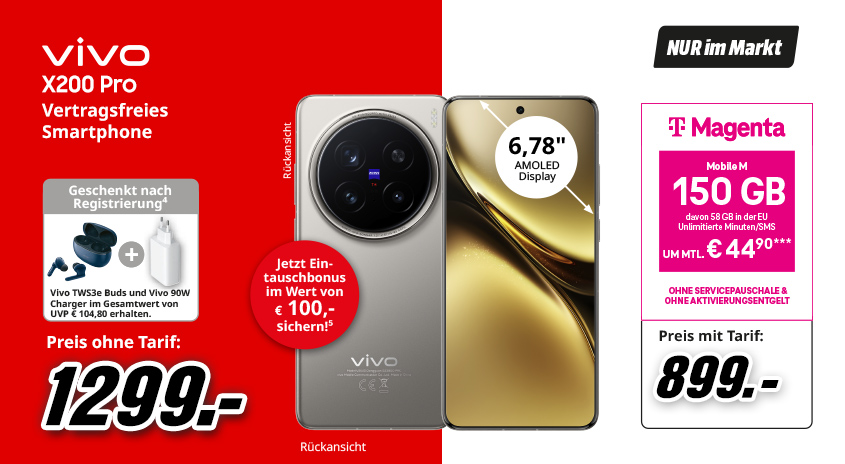 Werbebild: Vivo X200 Pro Smartphone, silberfarbene Rückseite mit Kamera, goldenes Display. Angebote mit und ohne Tarif.