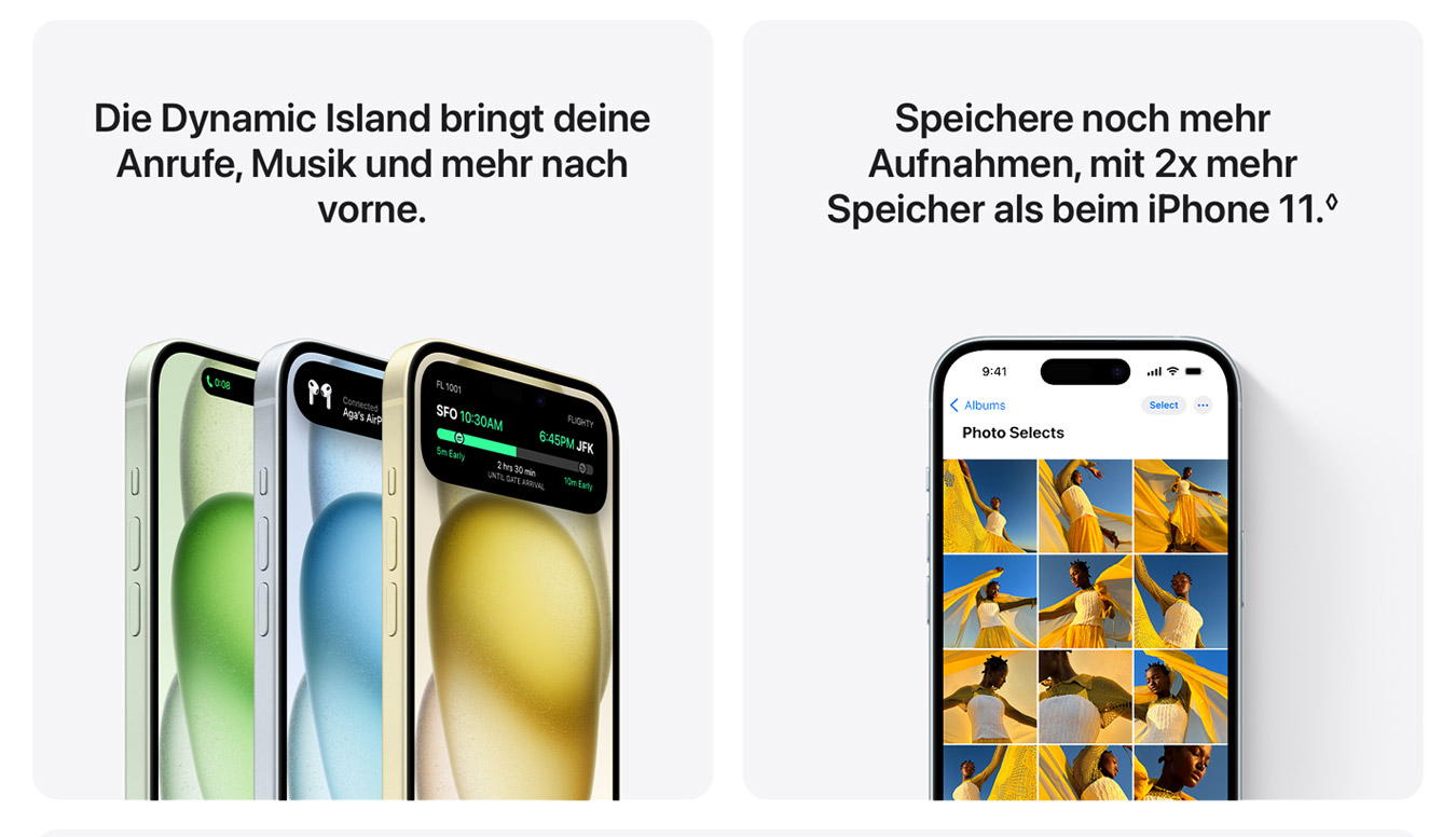 Die Dynamic Island bringt deine Anrufe, Musik und mehr nach vorne. — Speichere noch mehr Aufnahmen, mit 2x mehr Speicher als beim iPhone11.◊