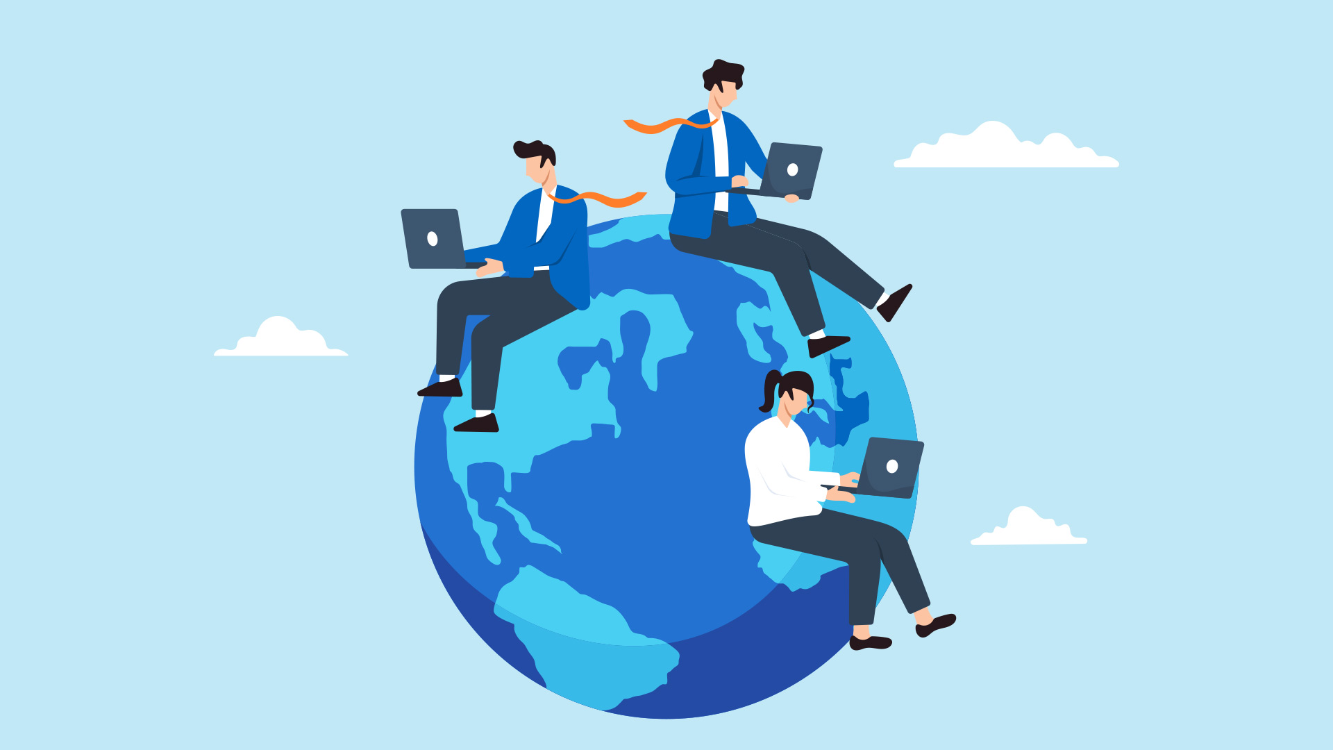 Bild mit Piktogrammen: Drei Personen sitzen mit Laptops auf einer großen Erdkugel – Symbol für Flexibilität und Erreichbarkeit