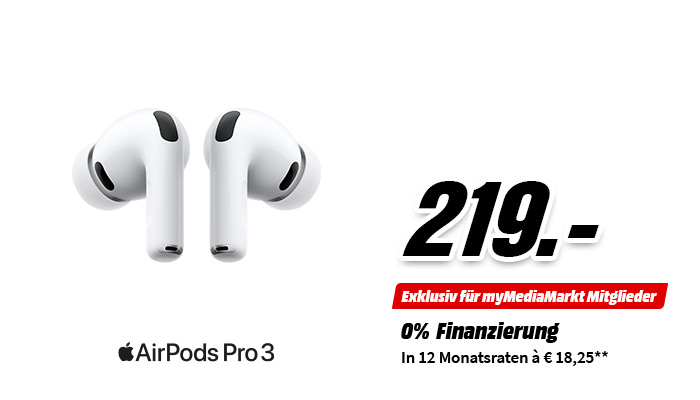 Apple AirPods Pro 3 in Weiß, Aktionspreis 219,- Euro, mit 0-Prozent-Finanzierung in 12 Monatsraten à 18,25 Euro exklusiv für myMediaMarkt Mitglieder.