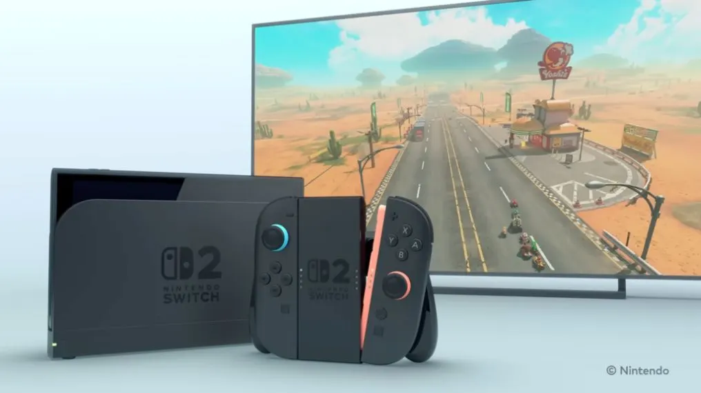 Nintendo Switch 2 steht vor einem Fernseher mit Mario Kart