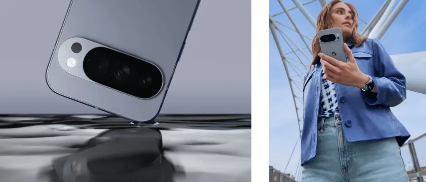 Hellblaues Smartphone mit schwarzer Kameraleiste taucht in Wasser; Person in blauer Jacke hält hellgraues Smartphone vor blauem Himmel.