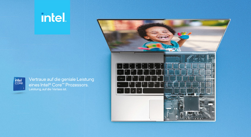 GPT-4.1 Laptop halb geöffnet, linke Seite normale Ansicht, rechte Seite zeigt technische Komponenten; oben ein lachendes Kind auf dem Bildschirm. Intel-Logo links.