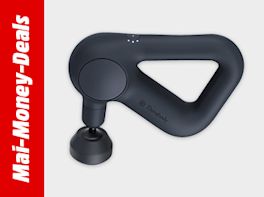 Massagepistole mit dreieckigem Griff und rundem Massageaufsatz, schwarz