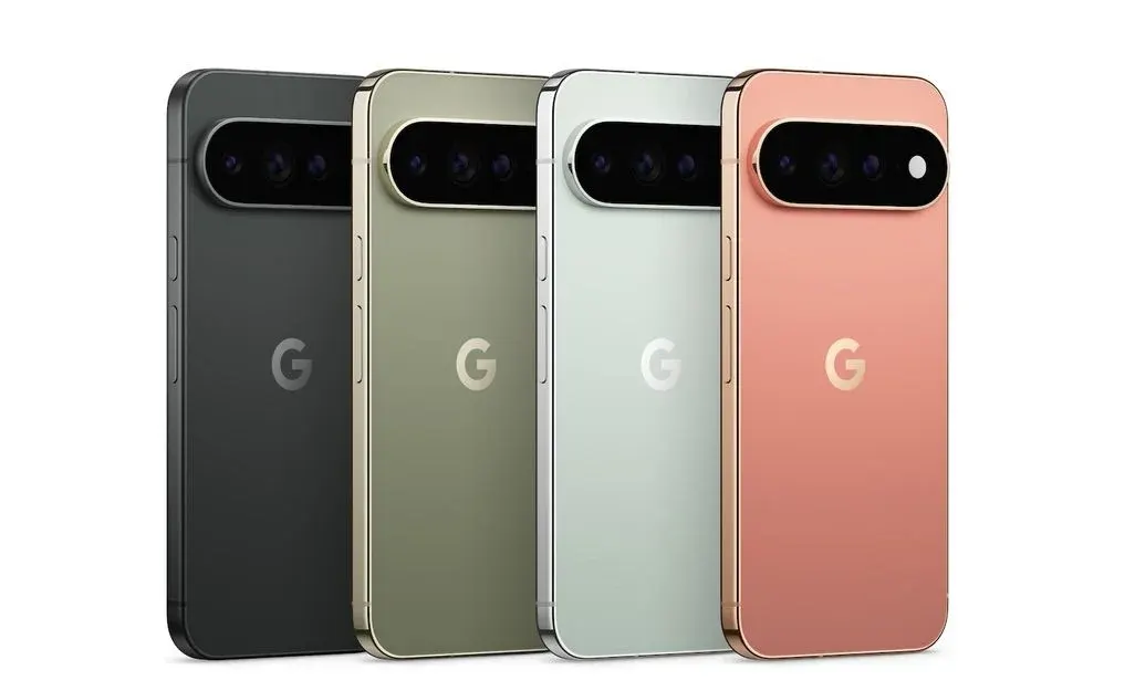 Google Pixel 11 Pro + Pro XL Smartphones in vier Farben – Canyon, Fog, Olive sowie Obsidian – Rückseite mit Kameraleiste und G-Logo.