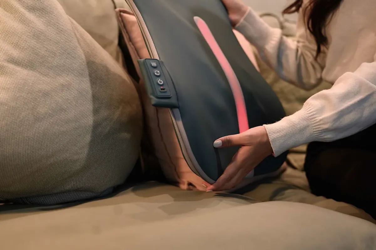 Zwei Hände legen eine Massageauflage für den Rücken auf eine beige Couch.