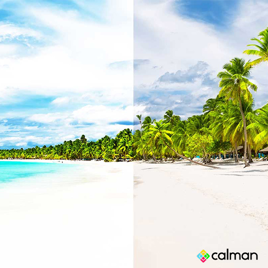 Zweigeteiltes Bild eines Stands. Linke Hälfte zeigt die Bildaufnahme ohne Kalibrierung, die rechte Bildhälfte mit Kalibrierung.