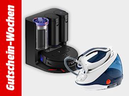 Werbebanner zu den Gutschein-Wochen mit zwei Haushaltsgeräten vor grauem Hintergrund: Ladestation für einen Akkustaubsauger und Dampfbügelstation