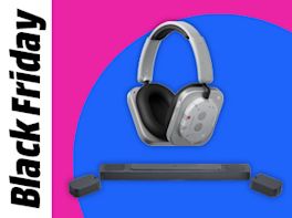 Kopfhörer & Soundbar vor farbigem Kreis in Pink und Blau. Links im Bild steht: Black Friday.