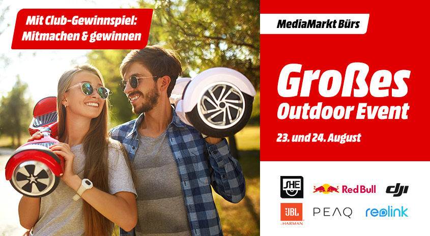 Werbebild: Paar hält Hoverboards vor Bäumen; roter Text "Mitmachen & gewinnen". Rechts: "Großes Outdoor Event" und Firmenlogos.