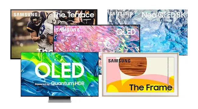 Fünf Samsung Fernseher zeigen OLED-, QLED- und Neo QLED 8K-Modelle mit verschiedenen Bildschirmmotiven.