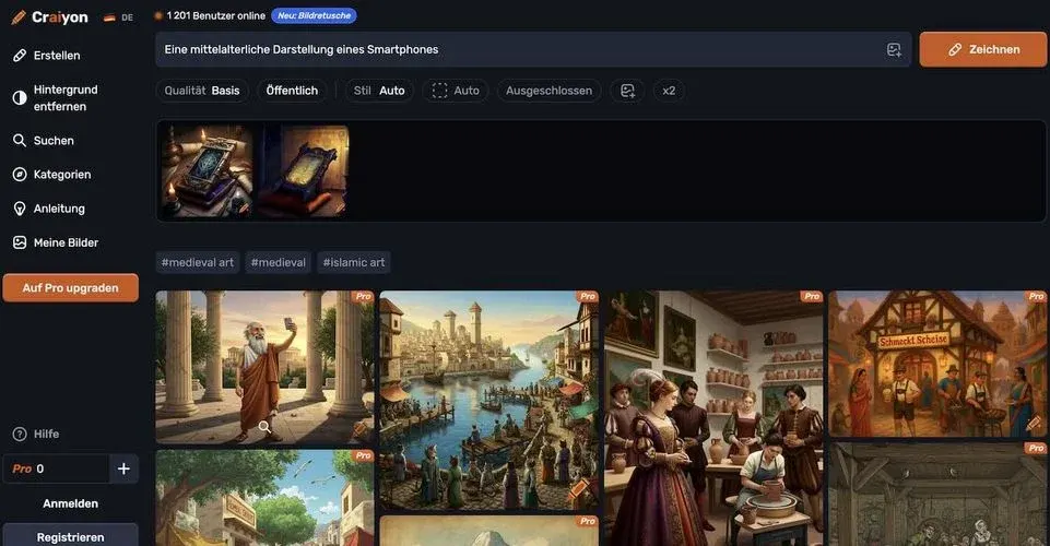 Screenshot der Craiyon-Webseite im Dunkelmodus. Oben eine Suchleiste mit dem Prompt „Eine mittelalterliche Darstellung eines Smartphones“ und rechts ein orangefarbener Button „Zeichnen“. Darunter Optionen für Qualität (Basis), Sichtbarkeit (Öffentlich), Stil (Auto) sowie Filterchips. Links eine Seitenleiste mit Menüpunkten wie Erstellen, Hintergrund entfernen, Suchen, Kategorien, Anleitung und Meine Bilder; unten Login/Registrieren und „Auf Pro upgraden“. In der Hauptfläche erscheinen mehrere generierte Vorschaubilder im Mittelalterstil: ein Mönch zwischen Säulen, eine Hafenstadt, Menschen in einer Töpferwerkstatt, eine Dorfszene mit Schild „Schmuck Schicks“ und weitere Bilder. Einige Kacheln sind mit „Pro“ markiert.