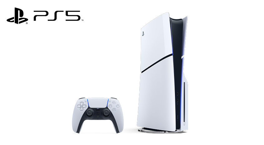 Eine weiße PlayStation 5 Konsole und Controller auf schwarzem Hintergrund.