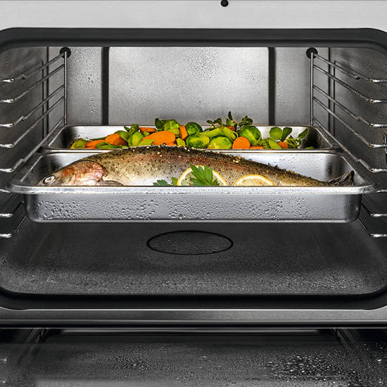 Ein Ofen mit zwei silbernen Tabletts. Das untere Tablett enthält einen Fisch mit Zitronenscheiben und Petersilie. Das obere Tablett enthält Gemüse.