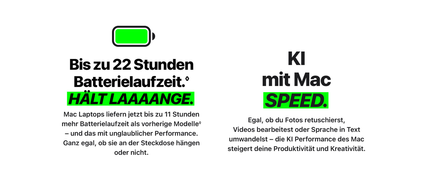 Ein Werbebild mit Text auf weißem Hintergrund. Links ist ein Batteriesymbol, daneben steht "Bis zu 22 Stunden Batterielaufzeit". Rechts steht "KI mit Mac Speed".