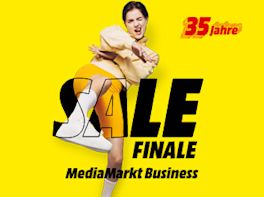 Gelber Hintergrund vor dem eine Frau steht. Rechts oben befindet sich das 35 Jahre Logo im Bild steht: Sale Finale. MediaMarkt Business. Ein Hinweis auf Angebote für Business-Kunden.