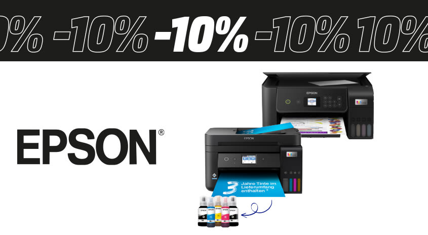 Links im Bild steht das Epson-Logo, daneben zwei Tintenstrahldrucker von Epson. Darüber steht: -10%