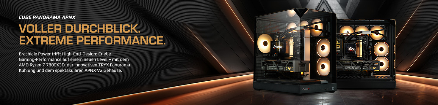 Banner von Kiebel.de mit zwei beleuchteten Gaming-PCs im Cube-Panorama-Gehäuse. Text: „Voller Durchblick. Extreme Performance.“ Beworben wird ein High-End-Gaming-PC mit AMD Ryzen 7 7800X3D und TRYX Panorama Kühlung.