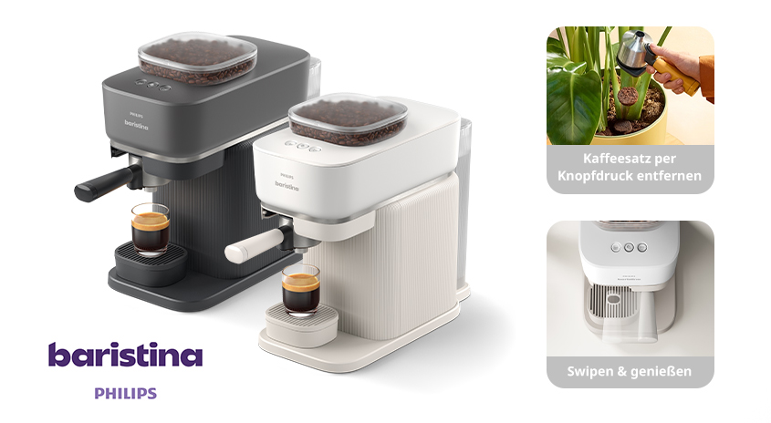 Zwei Kaffeemaschinen, eine grau und eine weiß, mit je einer Tasse Espresso davor. Oben Bohnenbehälter. "Baristina Philips" unten.