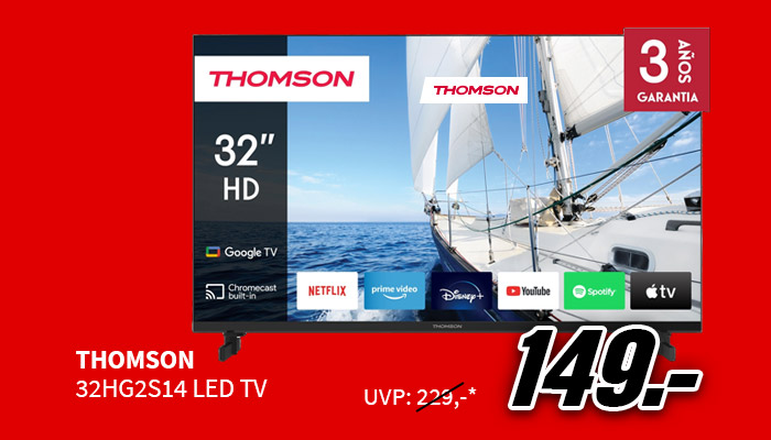 Ein Thomson 32HG2S14 LED-TV zeigt auf dem Bildschirm ein Segelboot auf dem Meer, umgeben von roten Werbeelementen.