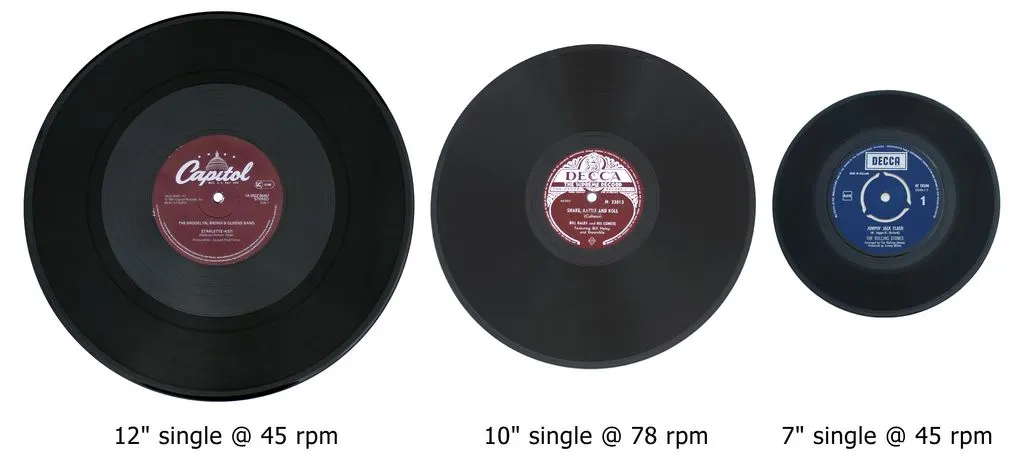Drei Schallplatten in unterschiedlichen Groeßen und Drehzahlen nebeneinander.