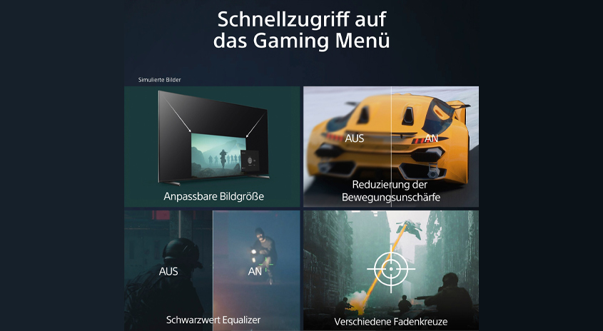 Gaming-Menü-Funktionen: anpassbare Bildgröße, Reduzierung der Bewegungsunschärfe, Schwarzwert-Equalizer, verschiedene Fadenkreuze.