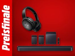 Bild mit rotem Hintergrund. Links steht: Preisfinale, daneben das Produktbild eines Kopfhörers und einer Soundbar.