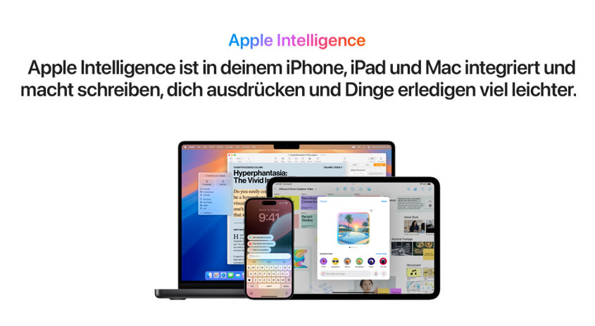 Apple Intelligence ist in deinem Phone, iPad und Mac integriert und macht schreiben, dich ausdrücken und Dinge erledigen viel leichter. 