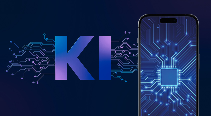 Dunkelblauer Hintergrund mit "KI"-Text, verbunden mit einem Smartphone-Bildschirm mit Chip-Design und blau leuchtenden Leiterbahnen.
