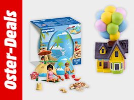 Bild mit grauem Hintergrund. Links davon steht "Oster-Deals" in weißer Schrift vor rotem Hintergrund. Rechts davon ein Playmobil-Strandspielset vor einer Verpackung in Ei-Form und einem kleinen, bunten Haus, das von vielen Luftballons nach oben gezogen wird