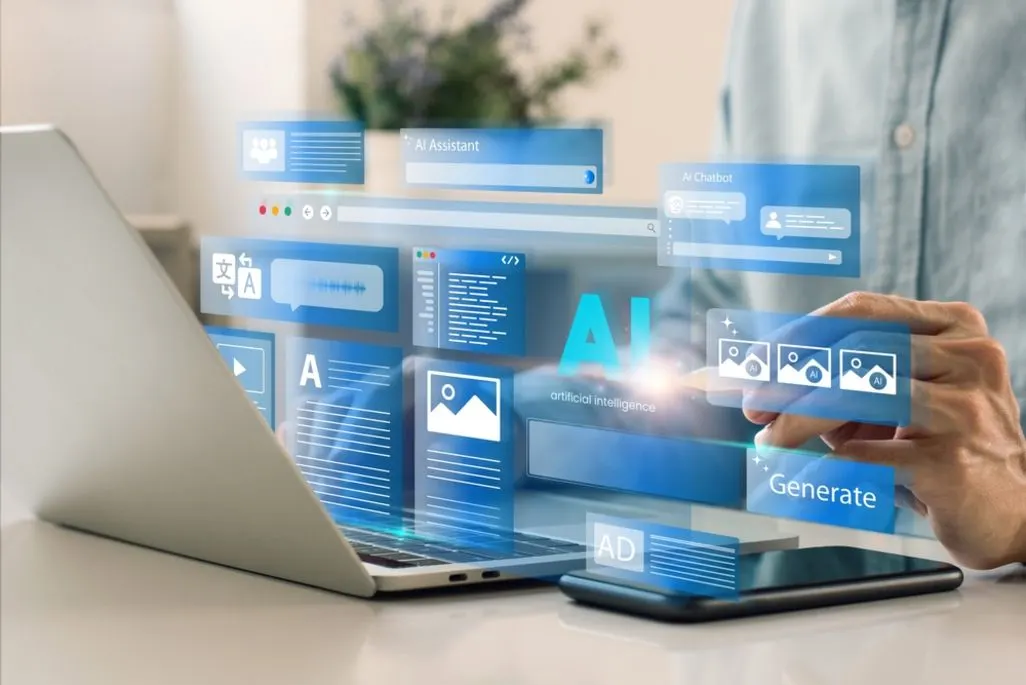 Person arbeitet  am Laptop und Smartphone mit AI-Tools angedeutet als holografische Oberfläche.