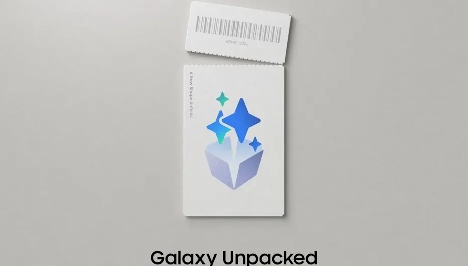 Samsung Galaxy Unpacked Einladung – Ein Veranstaltungsticket mit Strichcode-Abrissabschnitt (Aufschrift „Admit One") und dem Slogan „A New Shape Unfolds". Auf dem Ticket ist eine geöffnete Box mit bunten Sternfunken zu sehen. Darunter der Text: „Galaxy Unpacked – 22. Juli 2026 | Live auf samsung.at